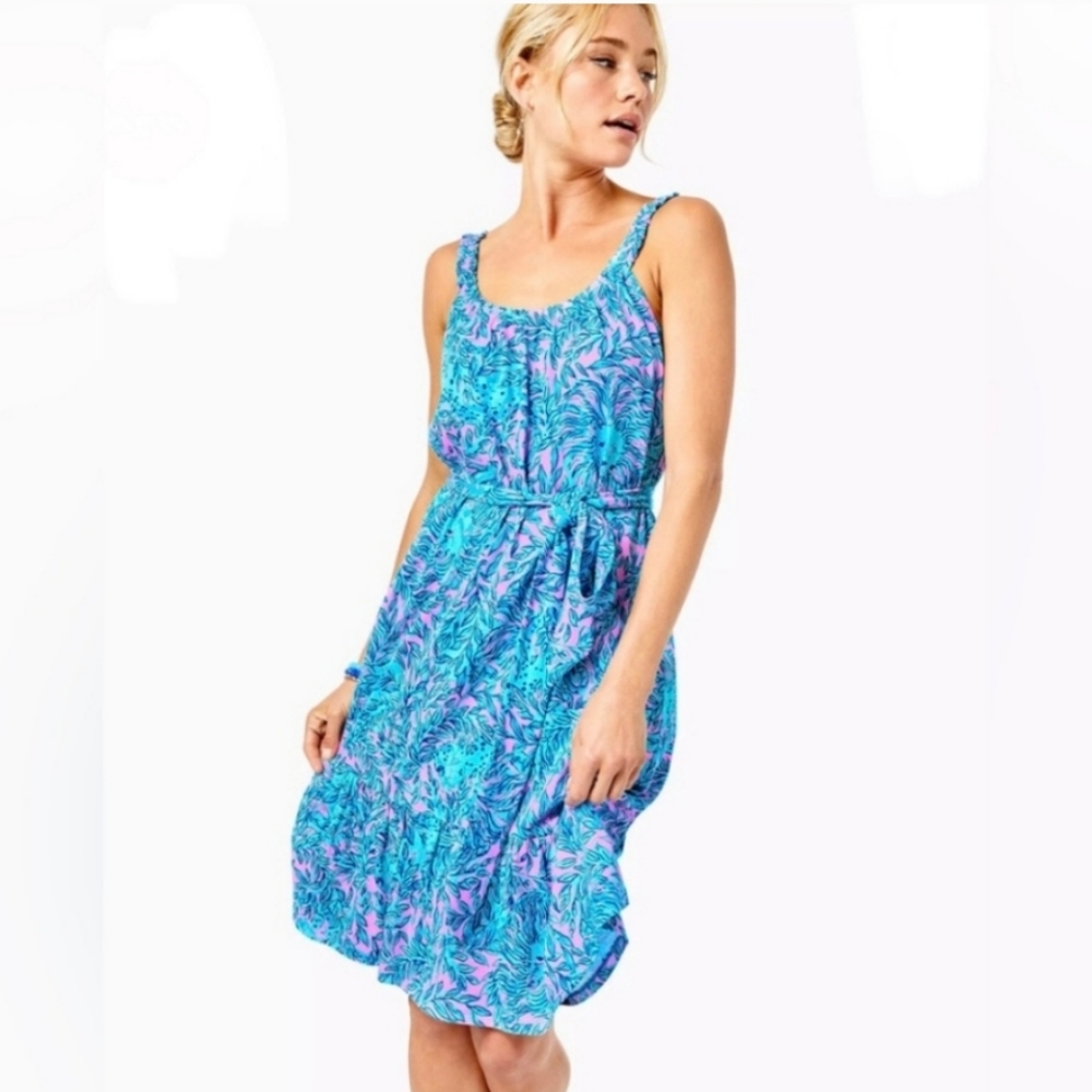 Lilly Pulitzer collins tank dress ruffled hem self tie belt NWot